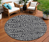 8' Black Gray And Ivory Round Geometric Washable Indoor Outdoor Area Rug