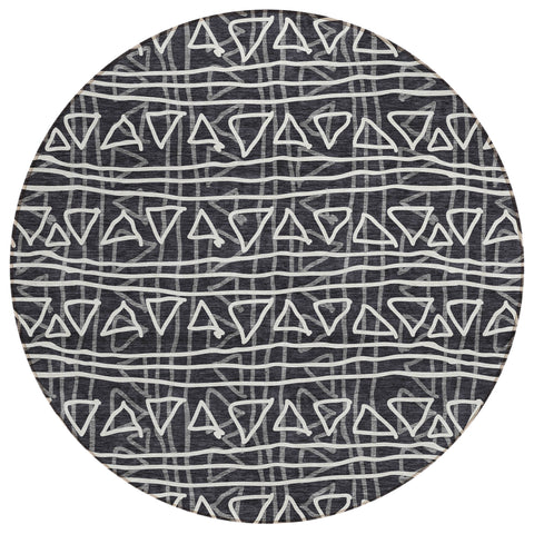 8' Black Gray And Ivory Round Geometric Washable Indoor Outdoor Area Rug