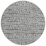 8' Charcoal Gray And Ivory Round Geometric Washable Indoor Outdoor Area Rug