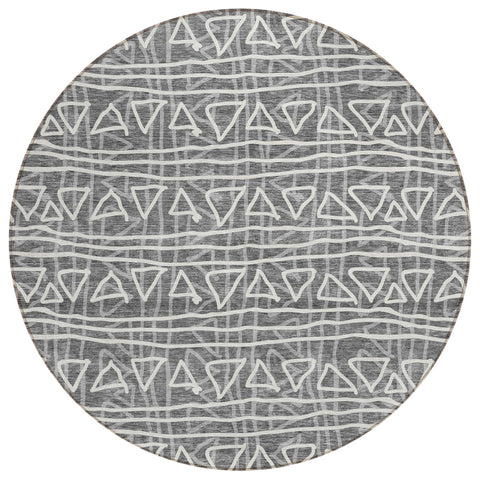 8' Charcoal Gray And Ivory Round Geometric Washable Indoor Outdoor Area Rug