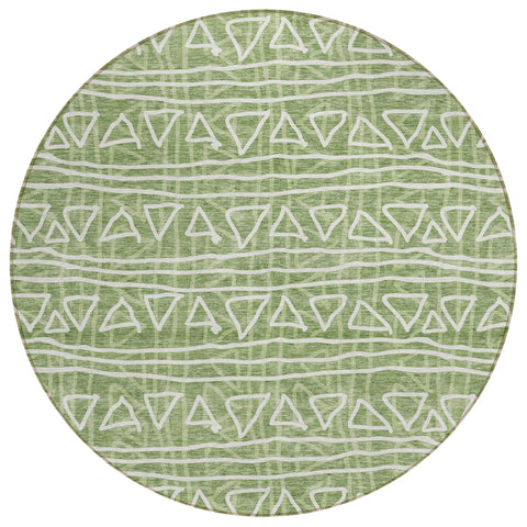 8' Green And Ivory Round Geometric Washable Indoor Outdoor Area Rug