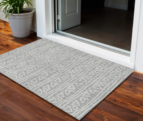 3' X 5' Gray Charcoal And Silver Geometric Washable Indoor Outdoor Area Rug