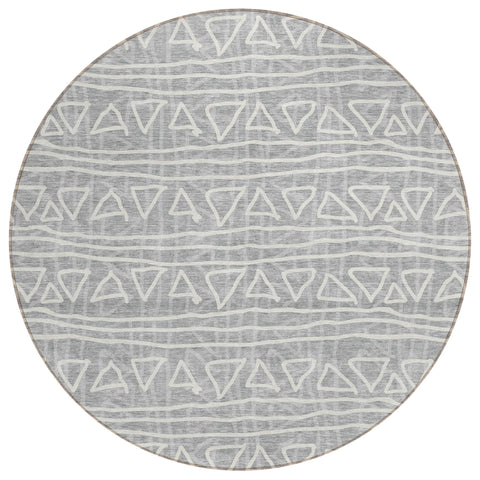 8' Gray Charcoal And Silver Round Geometric Washable Indoor Outdoor Area Rug