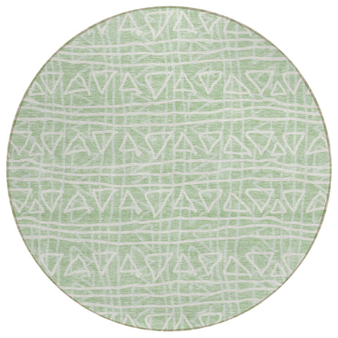 8' Mint Green Artichoke Green And Ivory Round Geometric Washable Indoor Outdoor Area Rug