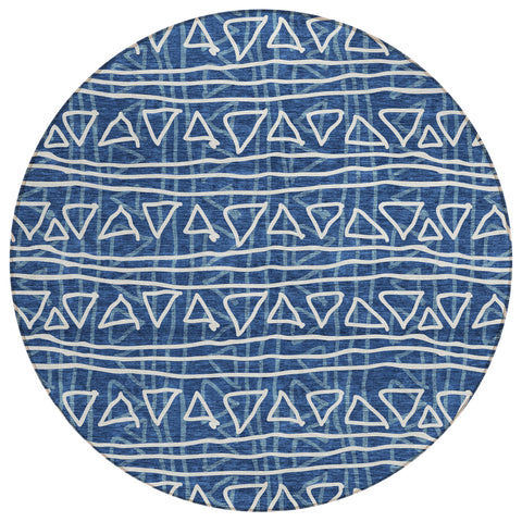 8' Navy Blue And Ivory Round Geometric Washable Indoor Outdoor Area Rug