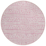8' Pink And Ivory Round Geometric Washable Indoor Outdoor Area Rug
