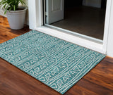 3' X 5' Teal Blue And Ivory Geometric Washable Indoor Outdoor Area Rug
