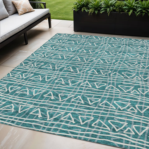 5' X 8' Teal Blue And Ivory Geometric Washable Indoor Outdoor Area Rug