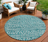 8' Teal Blue And Ivory Round Geometric Washable Indoor Outdoor Area Rug