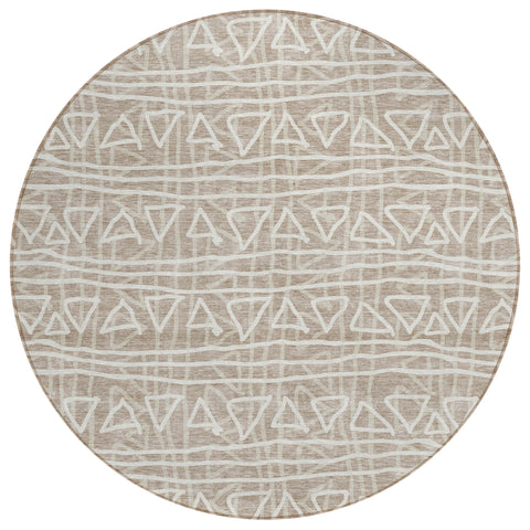 8' Taupe And Beige Round Geometric Washable Indoor Outdoor Area Rug