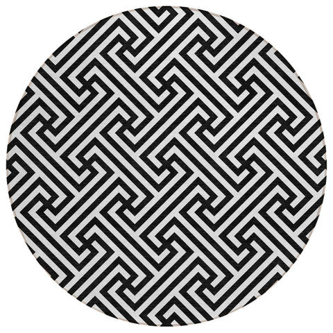 8' Black And Ivory Round Geometric Washable Indoor Outdoor Area Rug