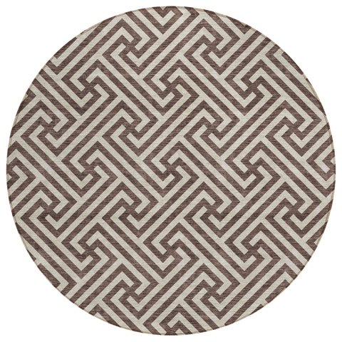 8' Brown And Beige Round Geometric Washable Indoor Outdoor Area Rug