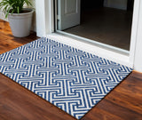 3' X 5' Blue And Ivory Geometric Washable Indoor Outdoor Area Rug