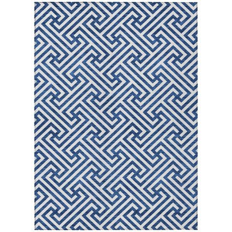 3' X 5' Blue And Ivory Geometric Washable Indoor Outdoor Area Rug
