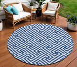 8' Blue And Ivory Round Geometric Washable Indoor Outdoor Area Rug
