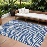 8' X 10' Blue And Ivory Geometric Washable Indoor Outdoor Area Rug