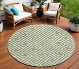 8' Green And Beige Round Geometric Washable Indoor Outdoor Area Rug