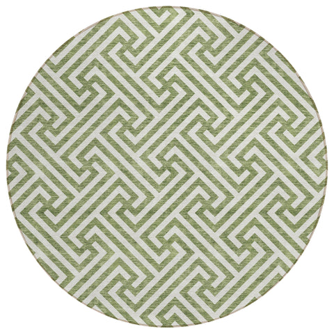 8' Green And Beige Round Geometric Washable Indoor Outdoor Area Rug