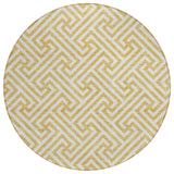 8' Gold And Ivory Round Geometric Washable Indoor Outdoor Area Rug