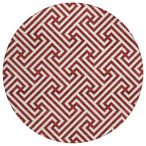 8' Merlot And Ivory Round Geometric Washable Indoor Outdoor Area Rug