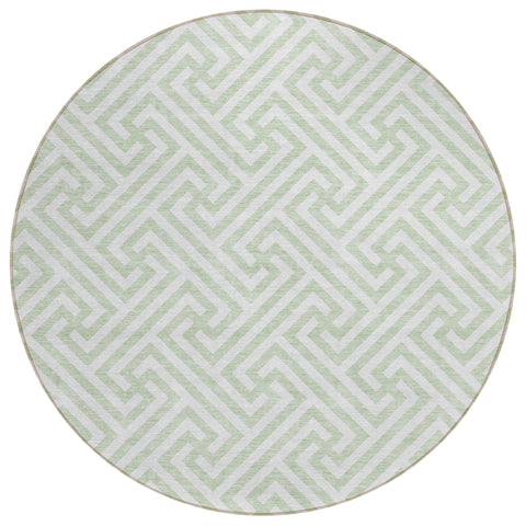 8' Mint Green Artichoke Green And Ivory Round Geometric Washable Indoor Outdoor Area Rug