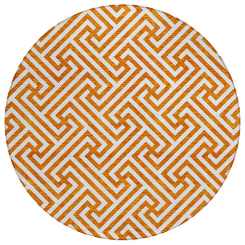 8' Orange And Ivory Round Geometric Washable Indoor Outdoor Area Rug