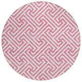 8' Pink And Ivory Round Geometric Washable Indoor Outdoor Area Rug