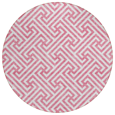 8' Pink And Ivory Round Geometric Washable Indoor Outdoor Area Rug