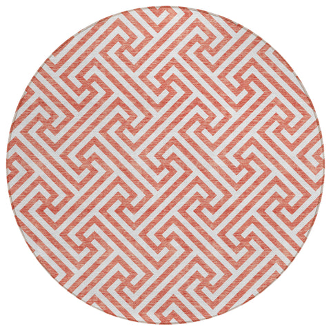 8' Salmon And Ivory Round Geometric Washable Indoor Outdoor Area Rug