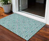 3' X 5' Teal Blue And Ivory Geometric Washable Indoor Outdoor Area Rug