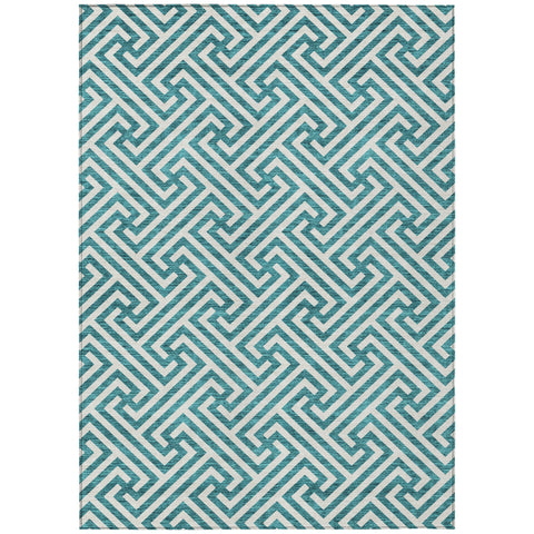 3' X 5' Teal Blue And Ivory Geometric Washable Indoor Outdoor Area Rug