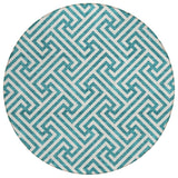 8' Teal Blue And Ivory Round Geometric Washable Indoor Outdoor Area Rug