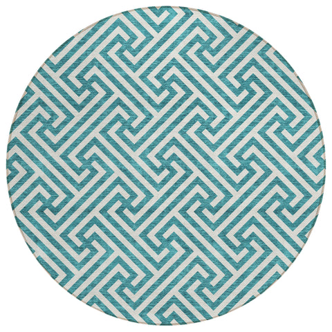 8' Teal Blue And Ivory Round Geometric Washable Indoor Outdoor Area Rug