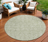 8' Artichoke Green And Ivory Round Geometric Washable Indoor Outdoor Area Rug