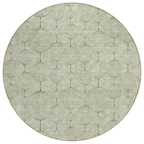 8' Artichoke Green And Ivory Round Geometric Washable Indoor Outdoor Area Rug
