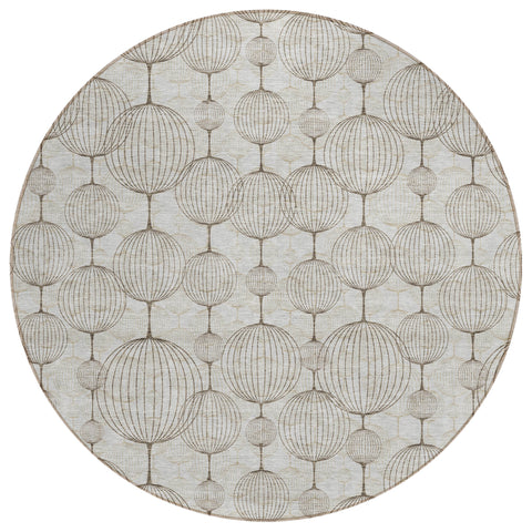 8' Beige And Brown Round Geometric Washable Indoor Outdoor Area Rug