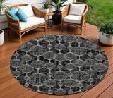 8' Black Charcoal And Ivory Round Geometric Washable Indoor Outdoor Area Rug