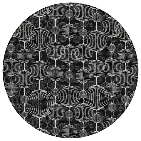 8' Black Charcoal And Ivory Round Geometric Washable Indoor Outdoor Area Rug