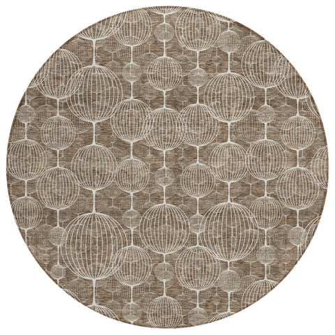 8' Chocolate And Beige Round Geometric Washable Indoor Outdoor Area Rug