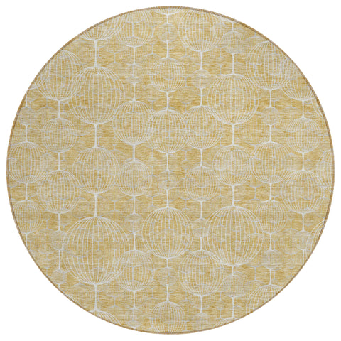 8' Gold Ivory And Beige Round Geometric Washable Indoor Outdoor Area Rug