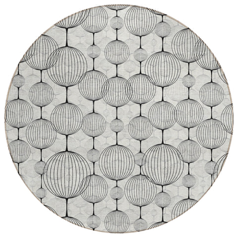 8' White Gray And Silver Round Geometric Washable Indoor Outdoor Area Rug