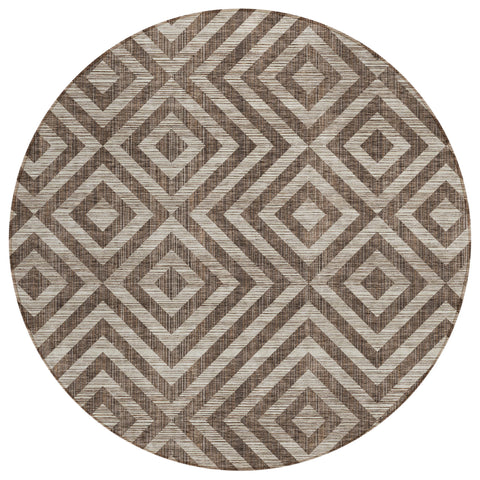 8' Brown Taupe And Beige Round Geometric Washable Indoor Outdoor Area Rug