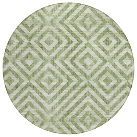 8' Green And Beige Round Geometric Washable Indoor Outdoor Area Rug