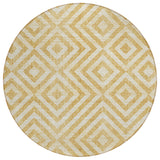 8' Gold Beige And Ivory Round Geometric Washable Indoor Outdoor Area Rug