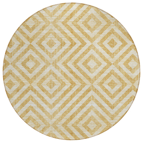 8' Gold Beige And Ivory Round Geometric Washable Indoor Outdoor Area Rug