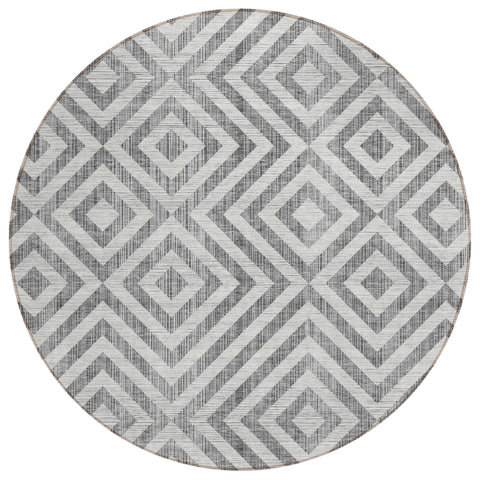 8' Gray Silver And Ivory Round Geometric Washable Indoor Outdoor Area Rug