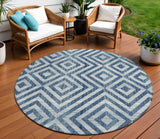 8' Navy Blue And Ivory Round Geometric Washable Indoor Outdoor Area Rug