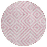 8' Pink And Ivory Round Geometric Washable Indoor Outdoor Area Rug