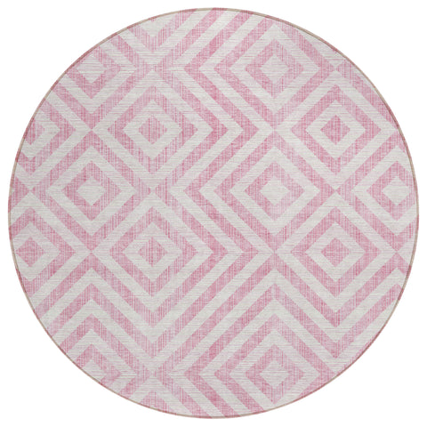 8' Pink And Ivory Round Geometric Washable Indoor Outdoor Area Rug