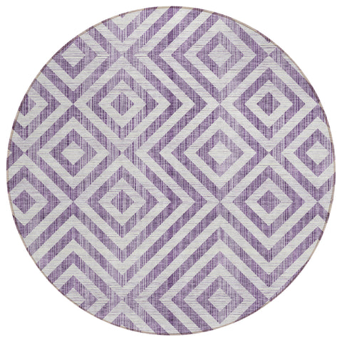 8' Purple And Ivory Round Geometric Washable Indoor Outdoor Area Rug